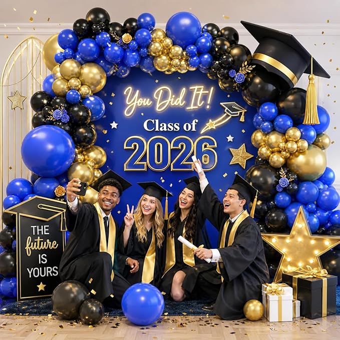 Black Blue Balloon Arch Kit, Black and Dark Blue Balloon Garland with Gold Latex Balloons, Black Blue Gold Balloon Arch Garland for Birthday, Baby Shower, Wedding, Anniversary Party Decorations