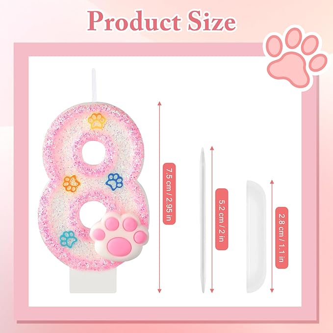 AKURIEEY Dog and Cat 8th Birthday Candle Pink Numbers 8 Candle Paw Cake Topper Cupcake Decorations for Pet Theme Party Decor Anniversary Celebrations Supplies