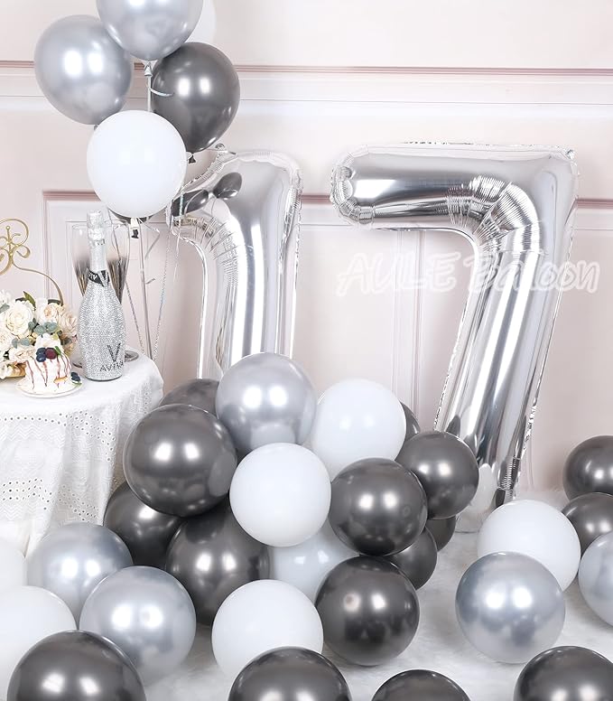 AULE 40 Inch Large 17 Number Balloons Silver, Big Foil Number Balloons, Giant Helium Happy 17th Birthday Party Decorations for Boy and Girl, Huge Mylar Anniversary Party Supplies