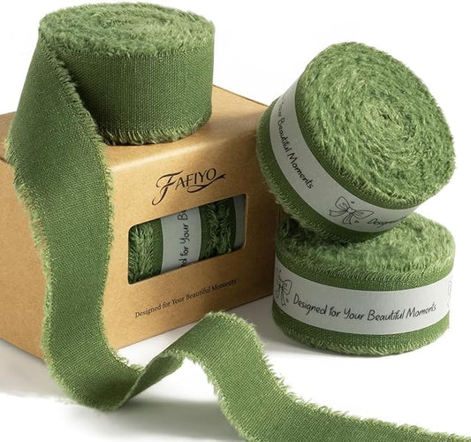 Moss Green Cotton Ribbon 1 Inch Moss Green 3 Rolls 21 Yards Frayed Edge Fabric Set for Rustic Wedding Decor, Bridal Bouquet Wrap, Woodland Theme Party, Baby Shower & Wreath Making