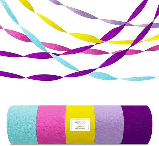 AOYOO Crepe Paper Streamers, 5 Rolls Multicolor Party Streamers in Rose Red, Purple, Yellow and Light Blue, Premium Rainbow Decorations for Unicorn Birthday, Easter, Carnival and Kids Party Supplies