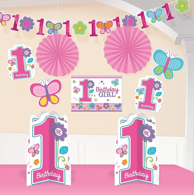 Flowers and Butterflies Girl's 1st Birthday Party Assorted Room Decorating Kit, 10-Piece, Assorted Sizes