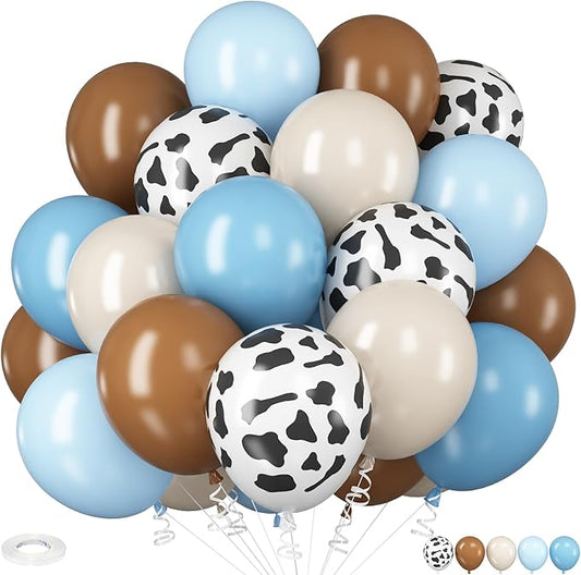 HILAVO Cow Print Balloons, 12Inch Light Blue Brown Sand White and Cow Balloons for Boys Baby Shower Farm Western Cowboy Rodeo Birthday Party Decorations