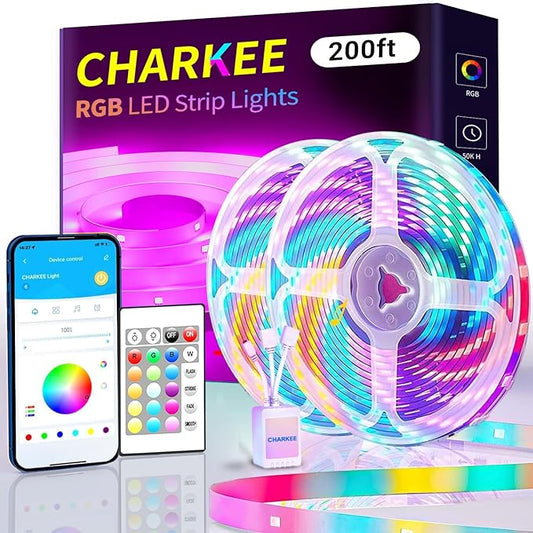 CHARKEE 200FT LED Strip Lights for Bedroom, RGB Color Changing Lights with Music Sync, Bluetooth App & Remote Control, 24V LED Light Strip for Room, Kitchen, Party & Home Decor (2 Rolls of 100ft)