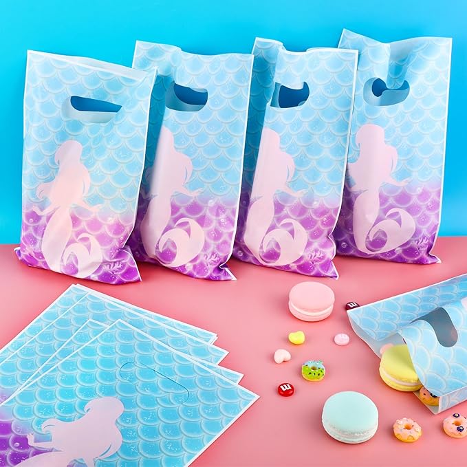 Hxezoc 50 Pieces Mermaid Goodie Bags Cute Candy Bag Plastic Treat Bags Mermaid Gift Wrap with Handles Party Favor Bags For Girls Birthday Party Decoration Supplies