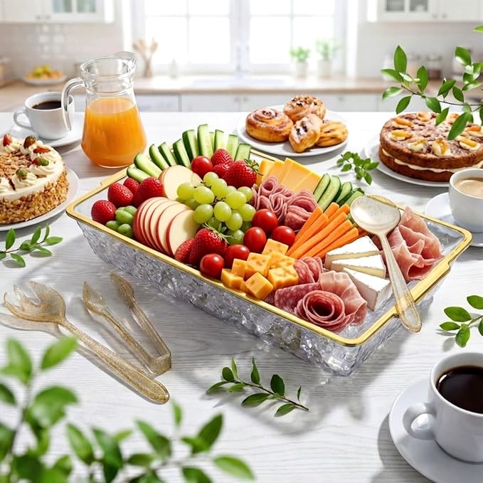Baderke 16" x 9" Chilled Serving Tray for Parties with Compartments Ice Chilled Party Crudite Platter Charcuterie Serving Board Cold Dish Dip with Tableware for Seafood Vegetable (Gold Glitter)