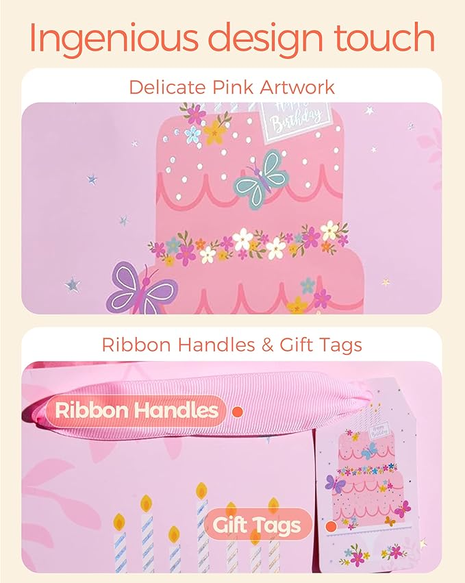 SUNCOLOR Extra Large Gift Bag with Tissue Paper for Girls Happy Birthday Party, 16 X12.6 X 5.7 Inch, Cake, For Birthday, Baby Shower, Children's Party