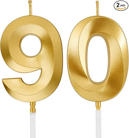 Birthday Candles, 1.96 Inch Number 90 Happy Birthday Candles, Number Candles Decoration for Birthday Party and Anniversary Celebration(Champagne Gold)
