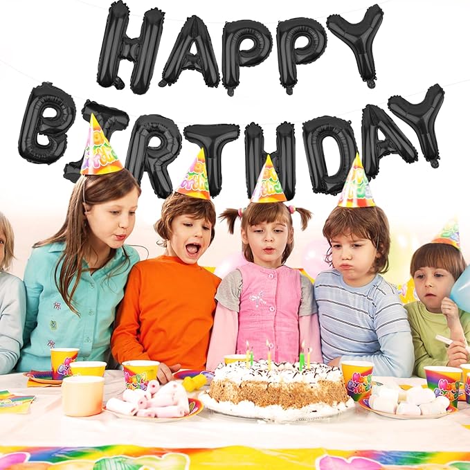 Happy Birthday Balloons Banner Black 16 Inch Mylar Foil Letters
