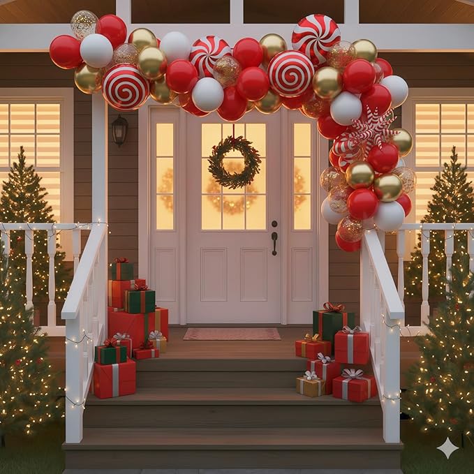 Red and Gold Christmas Balloon Set, 12 Inch Matte Red Metallic Gold Confetti White Latex Balloons with Exploding Star Candy Swirl Lollipop Foil Balloon for Xmas Birthday Baby Shower Party Decorations