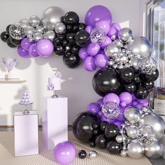MEBAY Black Purple and Silver Balloons Arch Kit, 146 Pcs Matte Black Light Purple Confetti Chrome Silver Balloons for Graduation Birthday Party Baby Shower Wedding Decorations