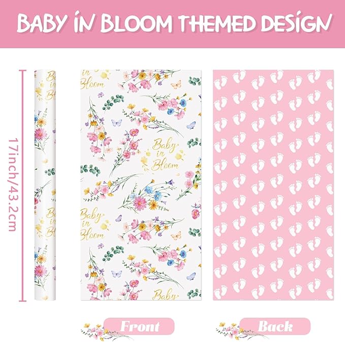 WERNNSAI Baby Wrapping Paper - 1 Roll 17” x 33 ft Baby Shower Wrapping Paper Pink Floral Gift Wrap Reversible New Born Girls 1st Birthday Present Packing Cute Foot Prints Design