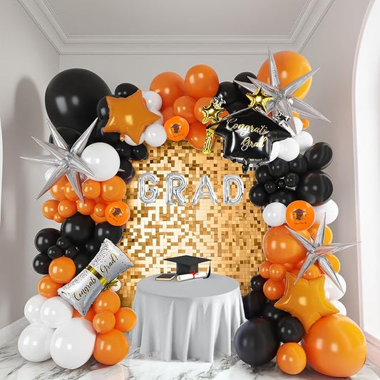 Orange Graduation Balloon Garland Arch Kit 117PCS with Graduation Star print Certificate Letter Mylar Foil Balloons for Graduate Class of 2026 Grad Prom party Decorations Supplies (Orange Black White)