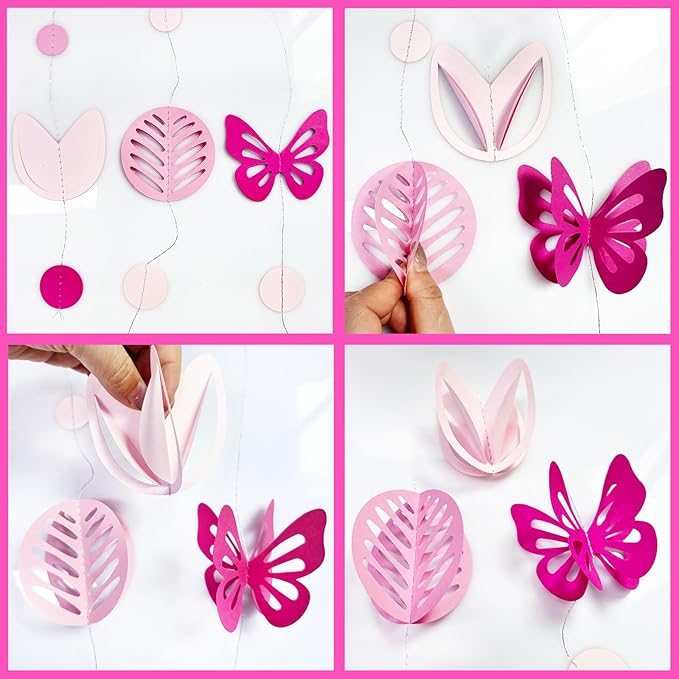 Spring Party Decorations Hot Pink White 3D Butterfly Tulip Flower Leaf Circle Dot Garland Hanging Paper Streamer for Pink Spring Summer Wedding Engagement Bridal Shower Birthday Tea Party Supplies