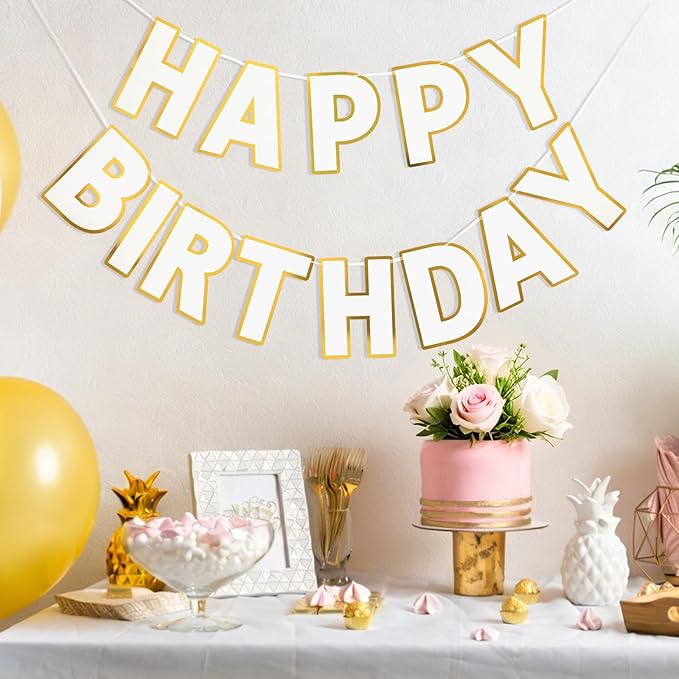 Happy Birthday Banner - 9ft Pre-Strung Happy Birthday Sign for Women, Men, Girls, Boys - No DIY Birthday Decorations & Party Supplies(White)