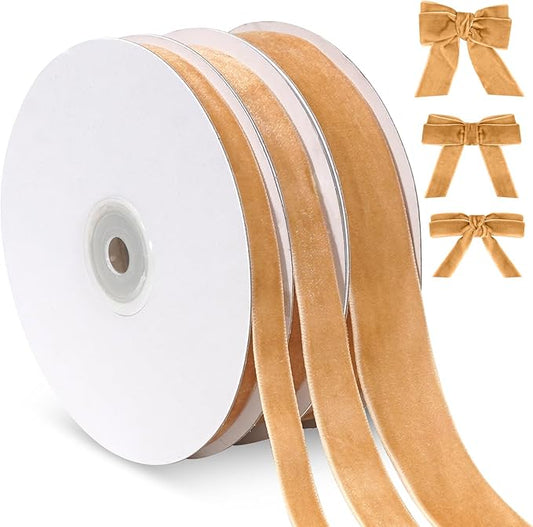 Khaki Velvet Ribbon, Vintage Gold Christmas Ribbon Set, 3 Rolls 3/8, 5/8, 1 inch Wide, 30 Yards Velvet Ribbons for Gift Wrapping, Christmas Tree Ornaments, Crafts, Weddings, Weaths, Garland