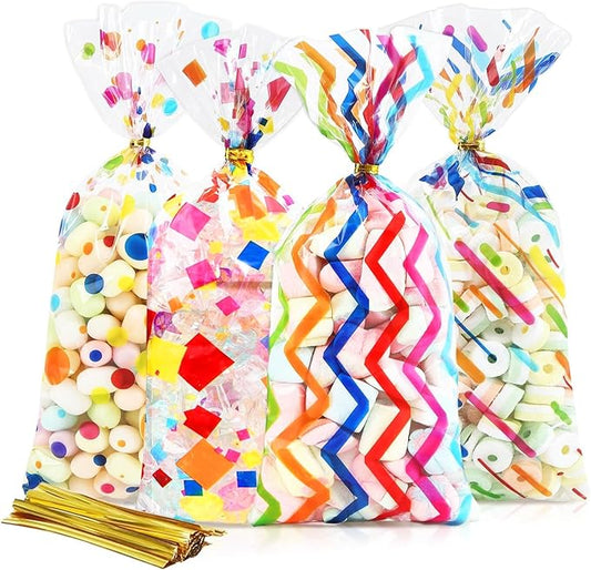 Docvania Cello Cellophane Treat Gift Bags Rainbow Cookie Bags 100 pcs 5 X 11 Goodie Bag with Ties for Mother's Day, Valentine's Day and Parties, Weddings