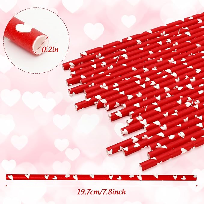 Whaline 200Pcs Valentine's Day Paper Straws Disposable Straws Romantic Red White Heart Drinking Straw for Valentines Party Wedding Anniversary Supplies