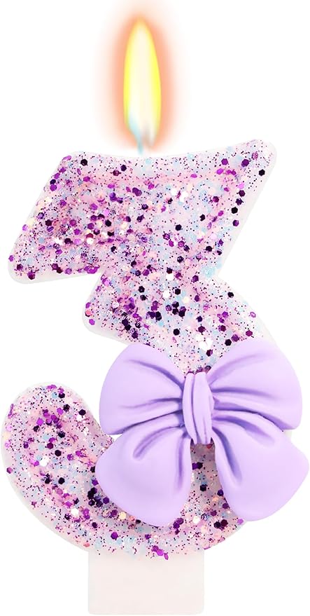 Birthday Candle for Cake, 3 Candle - Purple Glitter with Bowknot, 2.76 inch Cake Topper Decoration for 3 Years Old Birthday Party (Number 3)