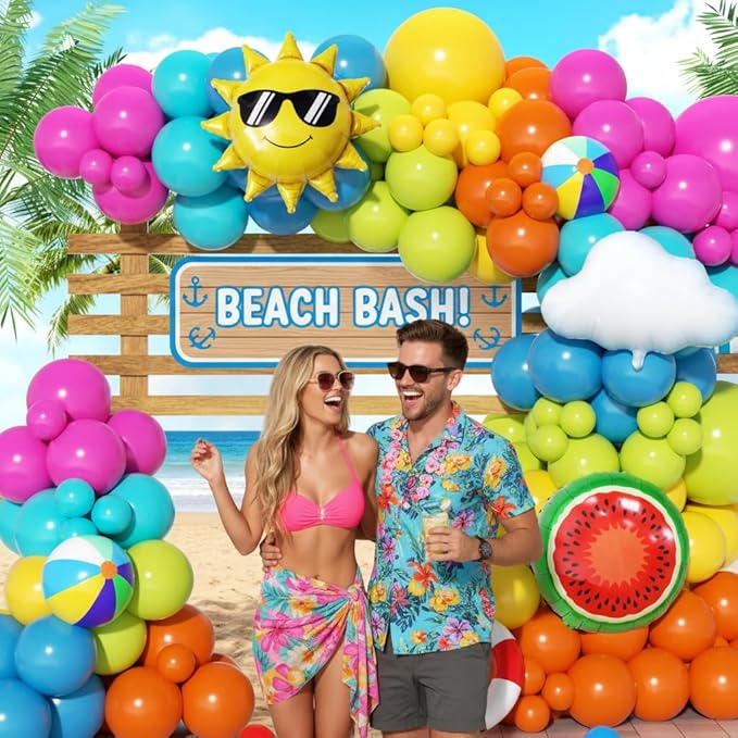 Tropical Summer Beach Pool Party Balloon Garland Arch Kit 168Pcs with Beach Ball Pineapple Watermelon Sun Foil Balloons for Birthday Hawaiian Luau Pool Beach Party Coconut Party Decor