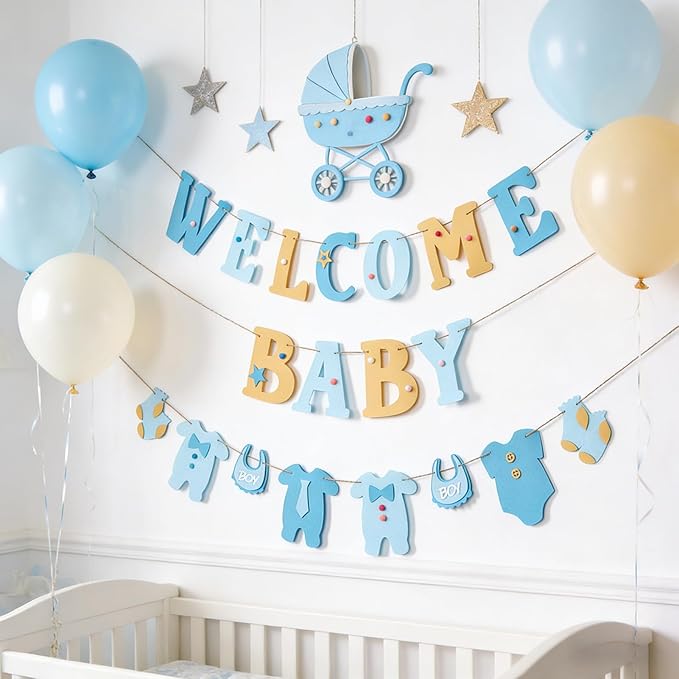Paper Jazz Boy Baby Shower Decorations Welcome Home Baby Boy Banner Oh Baby Sign for Backdrop，Its A Boy Decorations Blue Jean And Neutral Home Decor For Party