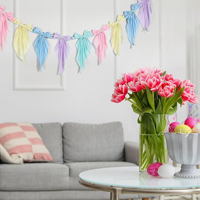 VitalCozy 1 Pcs Pastel Bow Garland Banner - Silk Satin Ribbon Hanging Party Bow Garland Decoration for Summer Birthday Baby Shower Wedding Party Supplies