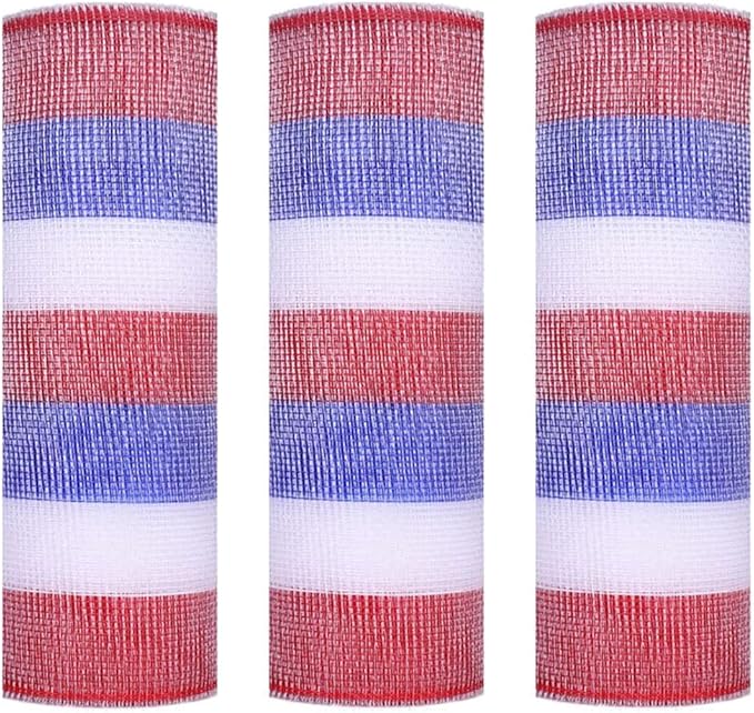 3 Rolls Red White and Blue Stripe Deco Mesh Ribbon for Patriotic Wreath Making Supplies, 10 Inch x 30FT Metallic Foil Burlap Deco Mesh Fabric for DIY Crafts Door Wreath Swags and Decorating