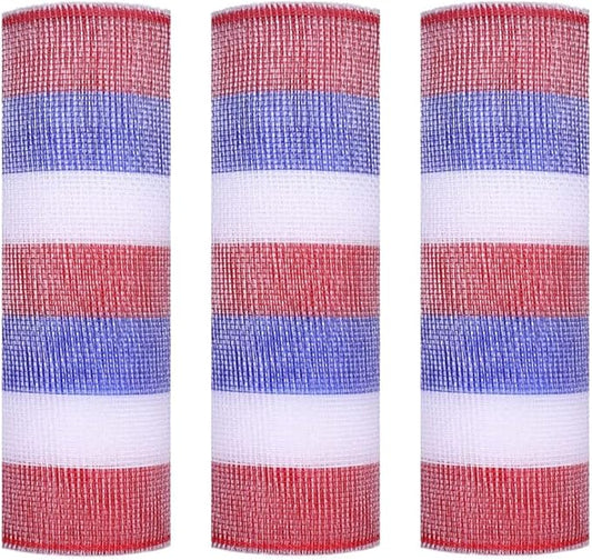 3 Rolls Red White and Blue Stripe Deco Mesh Ribbon for Patriotic Wreath Making Supplies, 10 Inch x 30FT Metallic Foil Burlap Deco Mesh Fabric for DIY Crafts Door Wreath Swags and Decorating