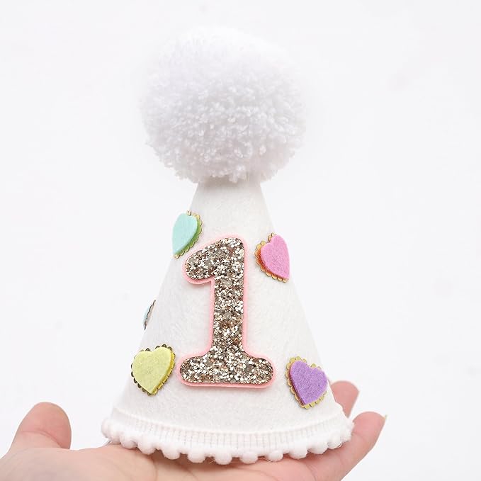 Sweet One Birthday Cone Hat - Colorful Heart 1st Party Decorations, Candy Hearts Party Crown, Cake Smash Photo Prop.