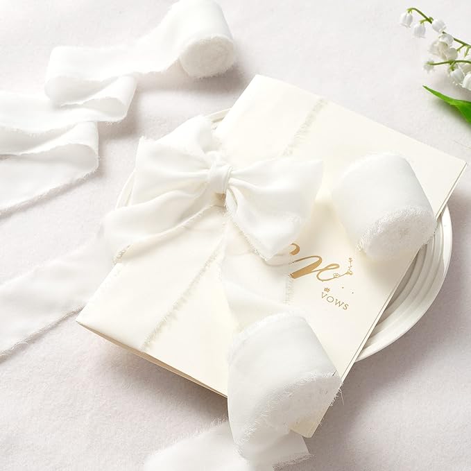 Fall Ribbon, 6 Rolls White Ribbon for Gift Wrapping, 1 1/2 inch x 7Yd Wedding Ribbons for Crafts, Wedding Decor, Bouquet Wrap, Bridal Bouquets, DIY Crafts