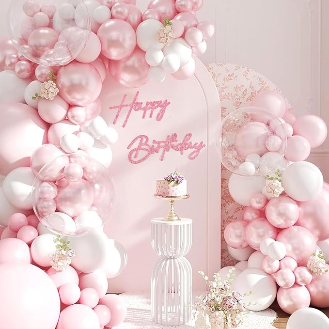 CANREVEL Happy Birthday Sign for Backdrop, Glitter Felt Pink Happy Birthday Banner, Pink Birthday Party Decorations for Girl Boy Women Men, Wall Decor Balloon Arch Photo Prop