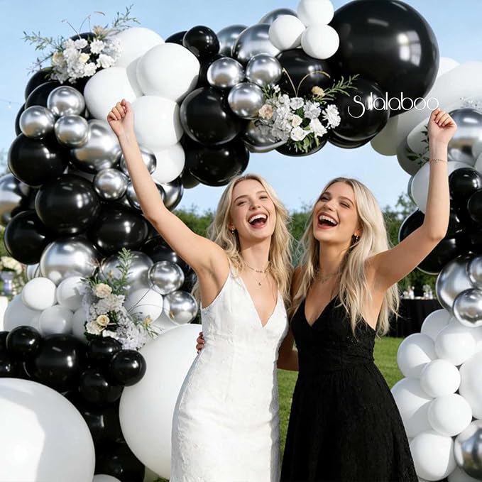 Black and Silver Balloons Arch Kit 155Pcs Different Sizes of 18 10 5 Inch Latex Black White Metallic Silver Balloon Garland for Birthday Anniversary Graduation Party Decorations