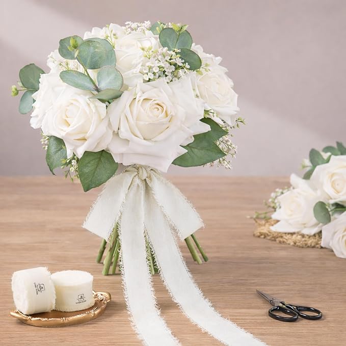 DORIS HOME Cream White Chiffon Ribbon for Flower Bouquet, 1" x21Yd Fabric Ribbon for Gift Wrapping, Handmade Frayed Ribbon for Wedding Invitations/Christmas Decorations