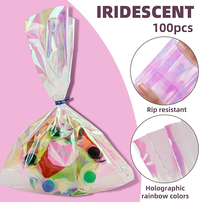 100 PCS Holographic Bags(8x11 Inch) with Colorful Ties, Clear PLastic Iridescent Cellophane Goodie Gift Treat Candy Goody Cookie Bags for Holiday Birthday Baby Shower Party Favors Supplies Decorations