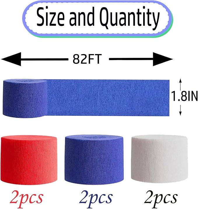 Red White and Blue Crepe Paper 6 Pcs Streamers for Party Decorations, Birthday Wedding DIY Crafts, Gift Wrapping Supplies