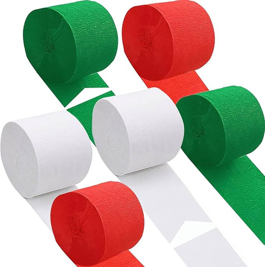 Red White and Green Crepe Paper 6 Pcs Streamers for Party Decorations, Birthday Christmas Wedding DIY Crafts, Gift Wrapping Supplies