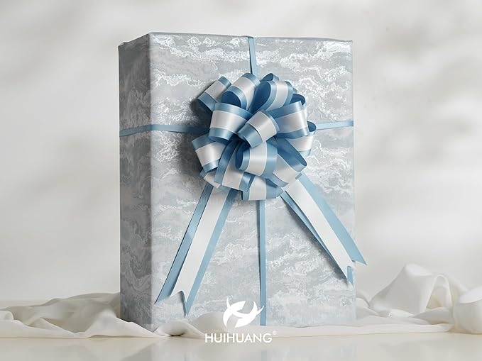 HUIHUANG Dusty Blue Pull Bows 6" x 10" Dusty Blue and White Double Layer Satin Pull Bows 12 PCS Gift Bow for Gift Wrapping Gift Basket Baby Shower Favors Wedding Party Decor