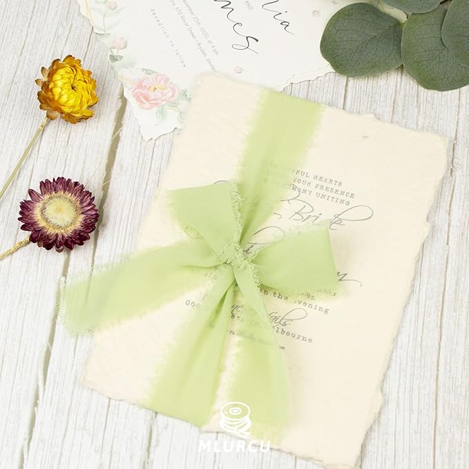 Lily Green Chiffon Ribbon - 1 1/2 Inch x 21 Yards, Handmade Fringe, Silk, Boho Frayed, Green for Weddings & Gift Wrapping