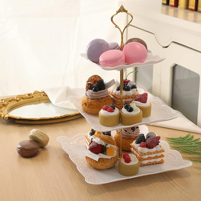Barelove 3 Tier Plastic Cupcake Stand, Cake Display Tiered Serving Tray, 2 Pack Plastic Dessert Pastry Candy Platter Holder Tower for Wedding, Birthday, Tea Party, Baby Shower Decor (Square, White)