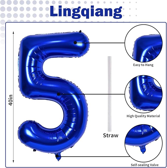 Navy Blue 5 Balloons, 40" Giant Helium Foil Number 0-9 Dark Blue Birthday Balloon for Boys, Self Inflating Digit 5 Balloons for Men Anniversary New Year Party Decorations Supplies