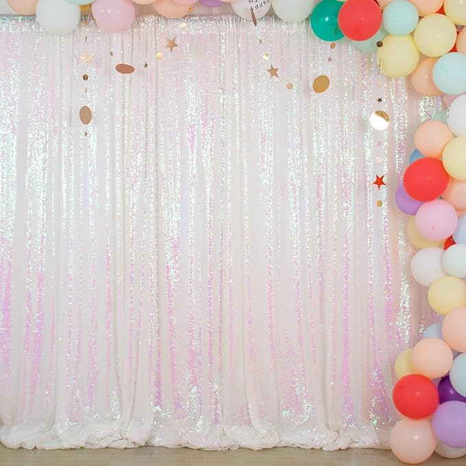ShinyBeauty White Iridescent Backdrop 10FTx10FT Sequin Backdrop Fabric Backdrop White Glitter Backdrop Curtain Photograph Backdrop Wedding Backdrop