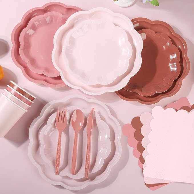 168 Pcs Dusty Pink Paper Plates and Napkins 24 Guests Gradient Scalloped Disposable Tableware Party Supplies Set for Mothers Day Wedding Birthday Garden Tea Party