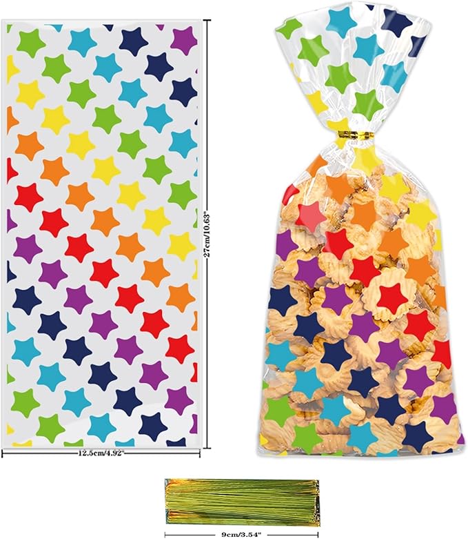 50 Pcs Rainbow Cellophane Treat Bags, Polka Dot Stripes Stars Printed Pattern Mixed Bags, Goodie Candy Favor Bags with Twist Ties for Pride Day, Baby Birthday Party Supplies(5inch x 10inch)