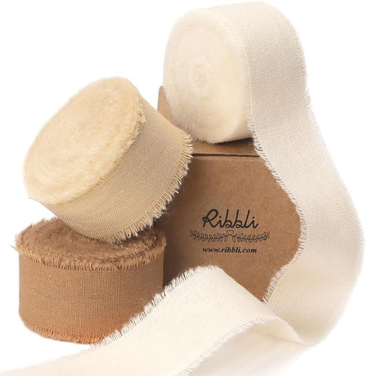 Ribbli 3 Rolls Beige Ribbon 1 Inch x 18 Yards Ivory Nude Khaki Handmade Cotton Frayed Fringe Ribbons for Gift Wrapping Wedding Invites Bridal Bouquets Baby Shower DIY Crafts Home Decor