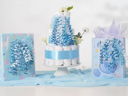 HUIHUANG Blue Bows for Gift Wrapping Blue and White Curly Bows with Self Adhesive & Twist Tie, 7 inch Gift Bow for Presents, Gift Basket, Baby Shower, Christmas Decor, Party Favors- 6 Counts