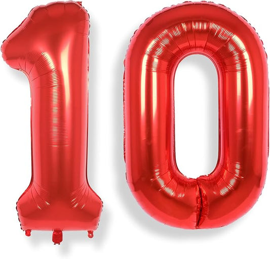 AULE 40 Inch Big Red Foil 10 Number Balloons for Women Large 10th Happy Birthday Decorations Giant Huge Helium Mylar Anniversary Party Décor