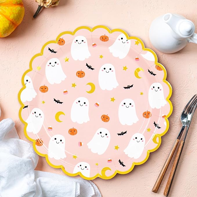 JarThenaAMCS 50Pcs Halloween Paper Plates Pink Ghost Disposable Plates 9 Inch Cute Boo Ghost Decorative Dinner Plate with Gold Foil Scalloped Edge for Trick or Treat Halloween Birthday Party Supplies