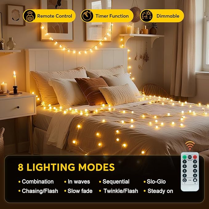 RaThun 49.2ft Globe String Lights with 16ft Extended Lead & Stable Remote - 100 LED Warm White, 8 Distinct Modes, IP44 Waterproof, UL Certified, Linkable for Indoor Outdoor Wedding Party Decor