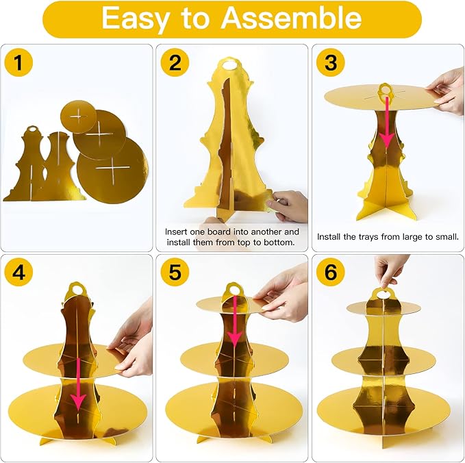 Soleebee 3-Tier Round Cupcake Stand, Cardboard Cupcake Tower, Dessert Cup Cake Stand Tower for Birthday Wedding Party Decoration, Cupcake Tier Stand 2 Set (Gold)