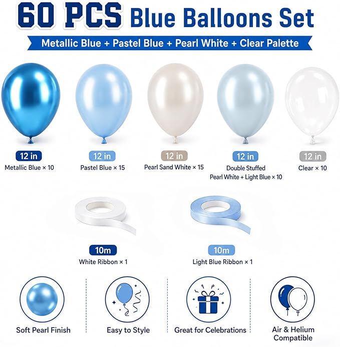 Blue Balloons, 60Pcs Pearl White and Blue Balloon, 12 Inch Latex Double Stuff Pearl Blue Balloons for Boy Baby Shower Birthday Party Gender Reveal Wedding Anniversary Graduation Party Decorations